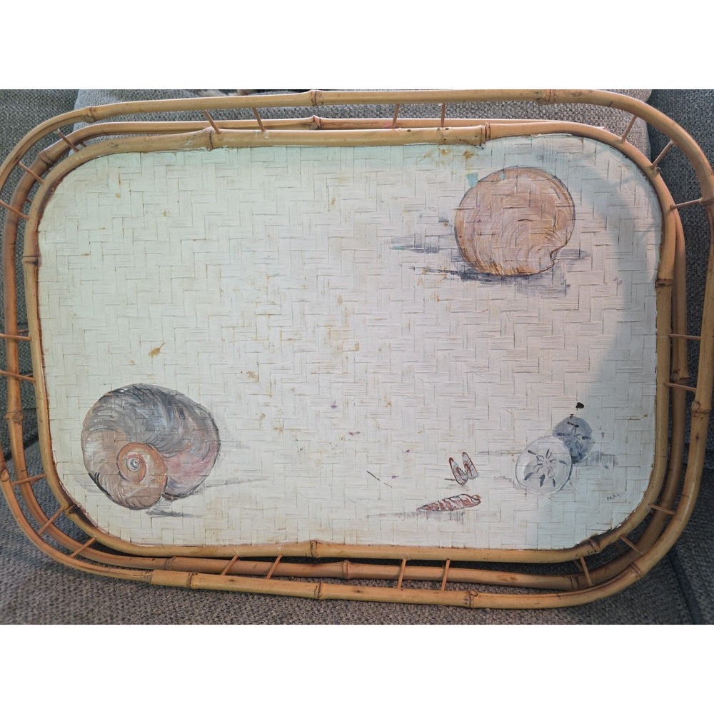 Vtg Bamboo Woven‎ Serving Trays Hand-Painted Seashell & Sand Dollar Design (3)